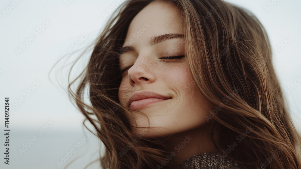 A woman with closed eyes enjoys nature in windy weather. A woman with closed eyes enjoys nature in windy weather.