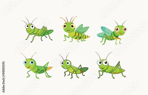 Set of grasshopper. Colored insects grasshopper jumping in grass exact vector cartoon illustration isolated on white background