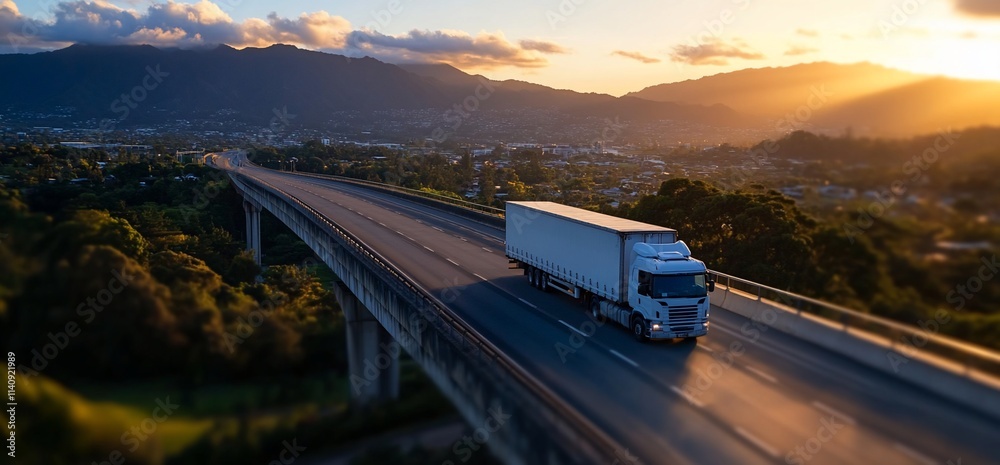 White semi-truck driving on highway bridge at sunset. (1) White semi-truck driving on highway bridge at sunset. (1)