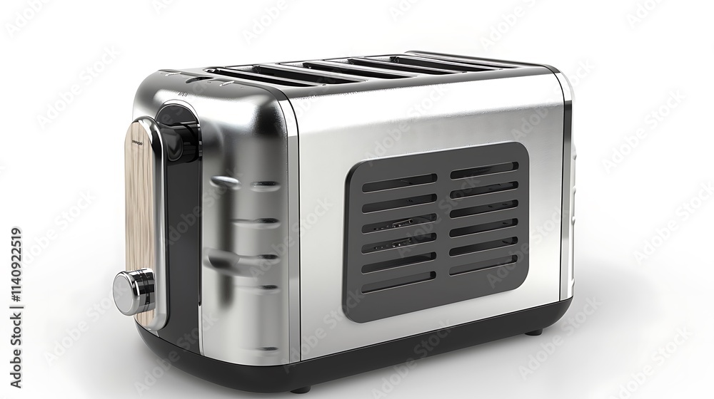 A compact electric toaster with stainless steel sides on a white background