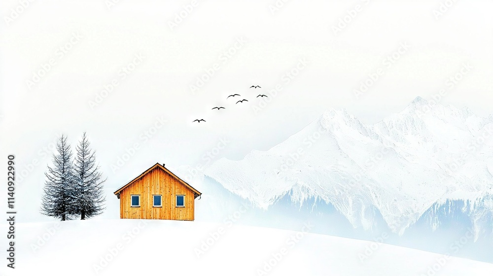 A cozy cabin nestled amidst snowy peaks, surrounded by a flock of soaring birds A cozy cabin nestled amidst snowy peaks, surrounded by a flock of soaring birds