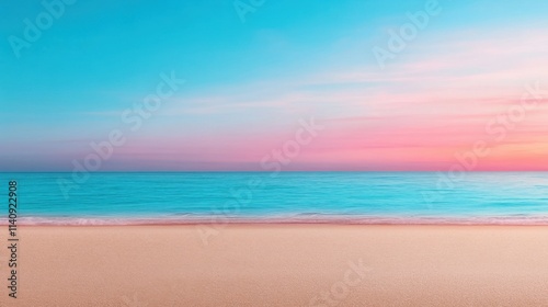 A serene beach scene with a vast ocean and bright sunset, showcasing vibrant pink and blue hues blending across the sky, perfect for relaxation and tranquility.