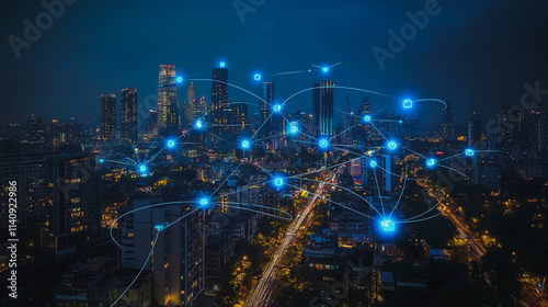 Wallpaper Mural Smart digital city with connection cyber security network reciprocity over the cityscape . future smart wireless digital city and social media networking systems that connects people within the city Torontodigital.ca