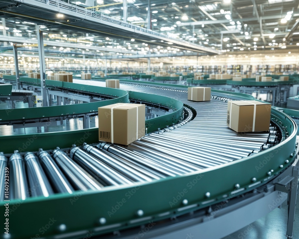 Fototapeta premium A busy warehouse conveyor belt transporting cardboard boxes, showcasing an efficient logistics operation.