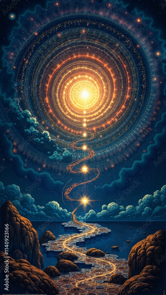 Fototapeta premium Journey through cosmic realms: a silhouette explores the essence of existence in vibrant universes
