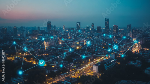 Wallpaper Mural Smart digital city with connection cyber security network reciprocity over the cityscape . future smart wireless digital city and social media networking systems that connects people within the city Torontodigital.ca