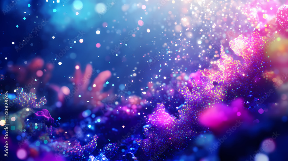 Vibrant underwater scene filled with shimmering neon glitter particles, creating a festive glow amidst dreamy bokeh effects and colorful coral formations. Dreamy. Illustration Vibrant underwater scene filled with shimmering neon glitter particles, creating a festive glow amidst dreamy bokeh effects and colorful coral formations. Dreamy. Illustration