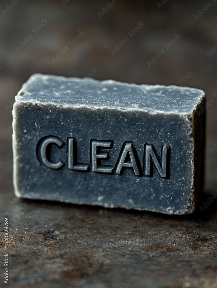Close-up of a black soap bar with 'CLEAN' engraved. Close-up of a black soap bar with 'CLEAN' engraved.