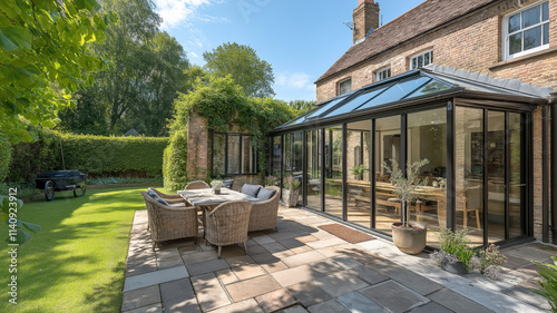Modern Sunroom or conservatory extending into the garden, surrounded by a block paved patio