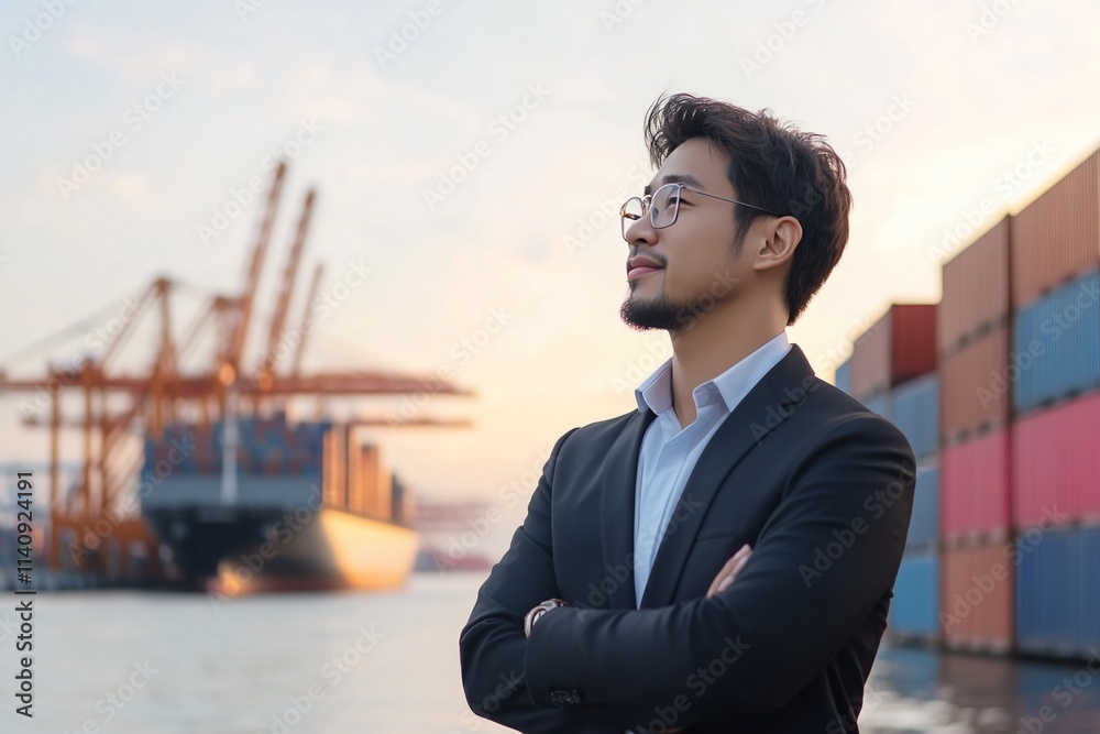 A confident man stands by a harbor, overlooking shipping containers. A confident man stands by a harbor, overlooking shipping containers.
