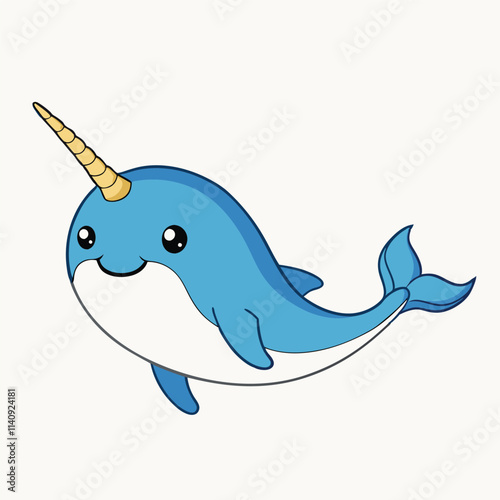 Cute narwhal mammal arctic animal with horn cartoon animal design, illustration isolated on white background