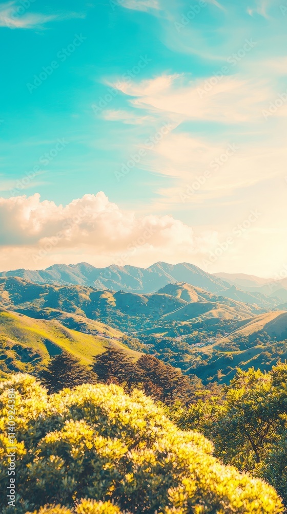 Scenic landscape featuring rolling hills under a bright blue sky. Scenic landscape featuring rolling hills under a bright blue sky.