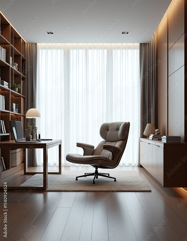 Fototapeta premium front view luxuriuous entreprise office cold white light confortable chair wood