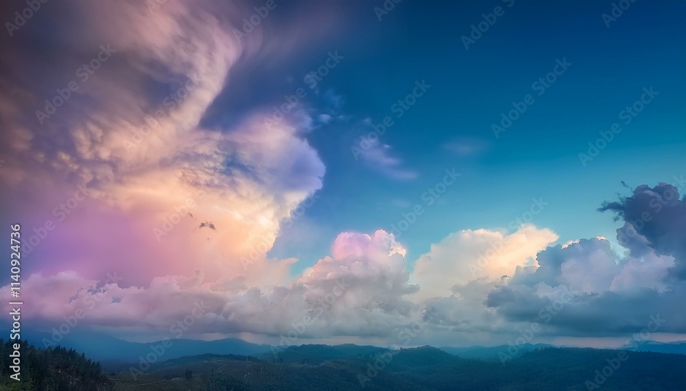 A scene of colorful clouds magically flowing over a blue sky, emitting colorful light. A scene of colorful clouds magically flowing over a blue sky, emitting colorful light.