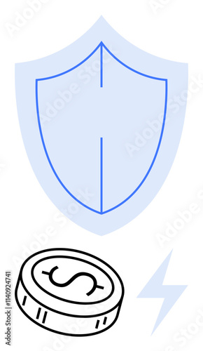Shield symbolizing protection with a coin representing financial security and a lightning bolt for power. Ideal for finance, security, insurance, power, stability, digital currency, cybersecurity