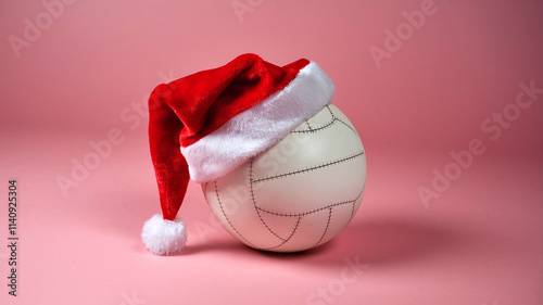 Christmas Volleyball Ball in Red Santa Hat against Clean Background with Copy Space, Holiday Greetings Banner Template