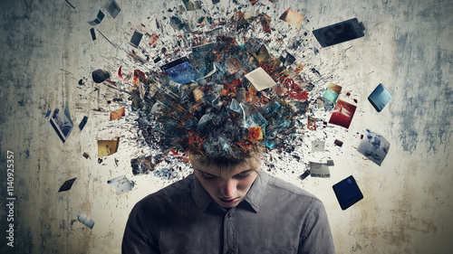 Overwhelming information data explode out of head of young human brain, too much media, too much information, maximalism, news, social media addiction. Generative AI image weber