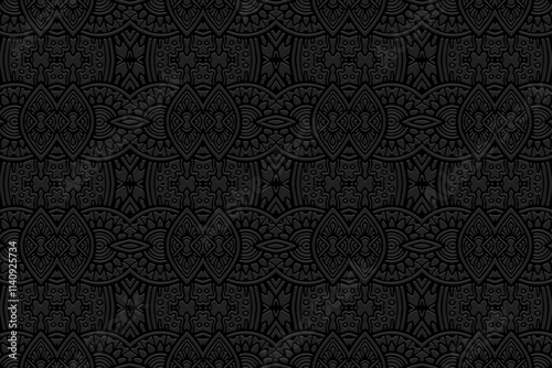 Black geometric background, tribal cover design, banner. Exotic 3D pattern, embossing. Textured relief ornaments, arabesques, mandala of the East, Asia, India, Mexico, Aztec, Peru. Ethnic print.