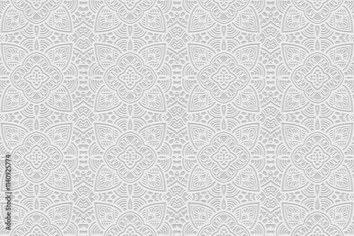 White geometric background, tribal cover design, banner. Vintage 3D pattern, embossing. Textured relief ornaments, arabesques, mandala of the East, Asia, India, Mexico, Aztec, Peru. Ethnic print.