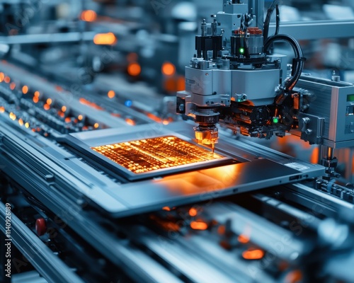 A close-up of advanced machinery in a semiconductor manufacturing facility, showcasing intricate circuitry.