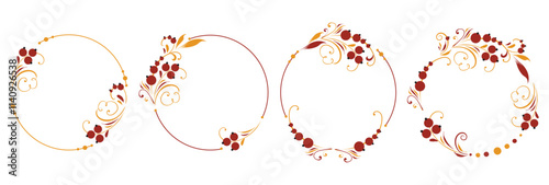Set of Round template in vintage traditional Russian style. Branches in the form of stylized flowers and floral motifs. Vector ornament with twigs and berries for decoration.
