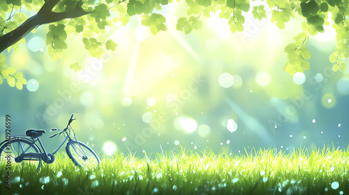 Morning dew glistening on vibrant green grass with sunlight creating a dreamy bokeh effect ideal for nature and tranquility themes. Dreamy. Illustration