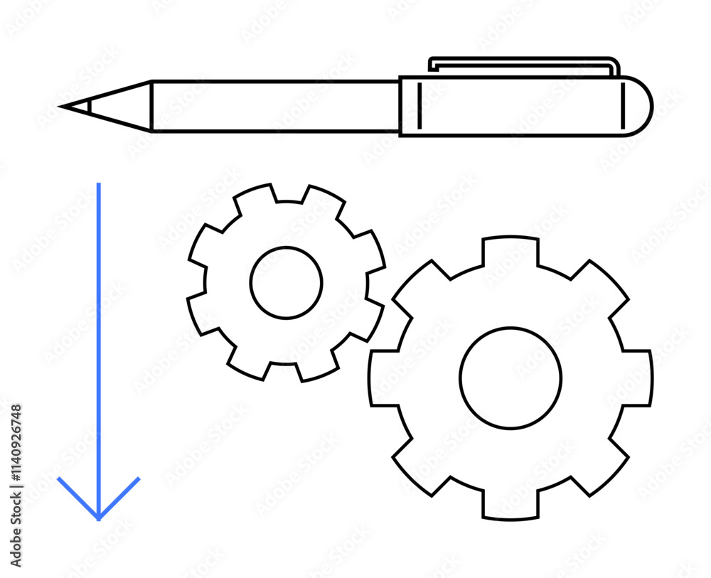Pen above two interlocking gears and downward arrow. Ideal for concepts of workflow, efficiency, productivity, engineering, automation, industrial processes, and business strategy. Line metaphor Pen above two interlocking gears and downward arrow. Ideal for concepts of workflow, efficiency, productivity, engineering, automation, industrial processes, and business strategy. Line metaphor