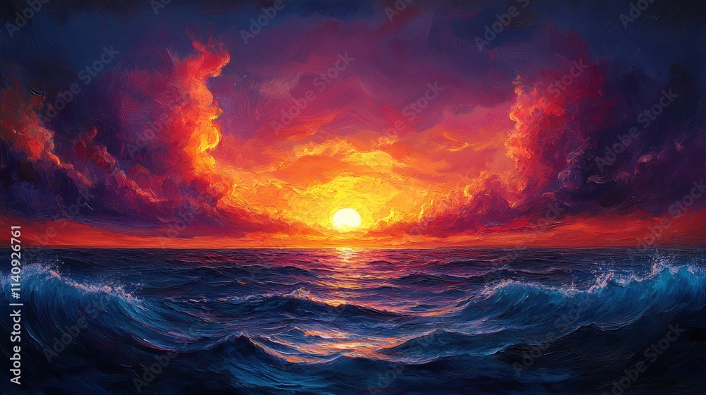 Fototapeta premium Fiery sunset over dark, ocean waves.