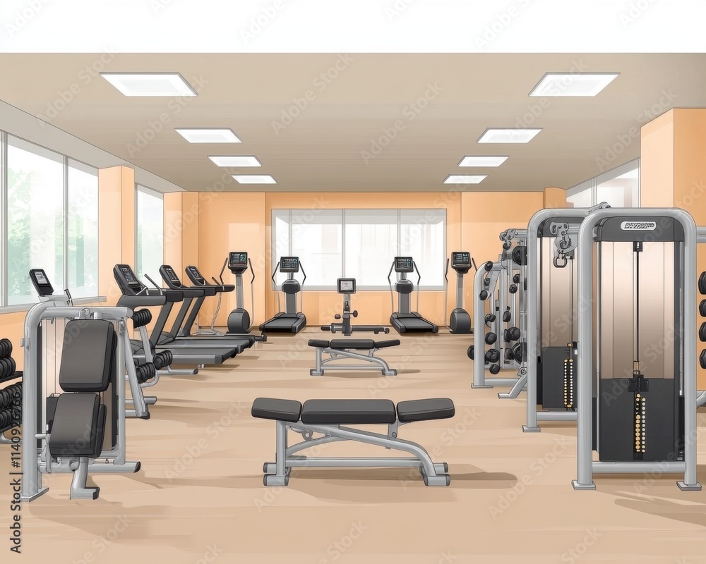 Obraz premium Modern gym interior featuring various exercise equipment and cardio machines in a bright, spacious room.