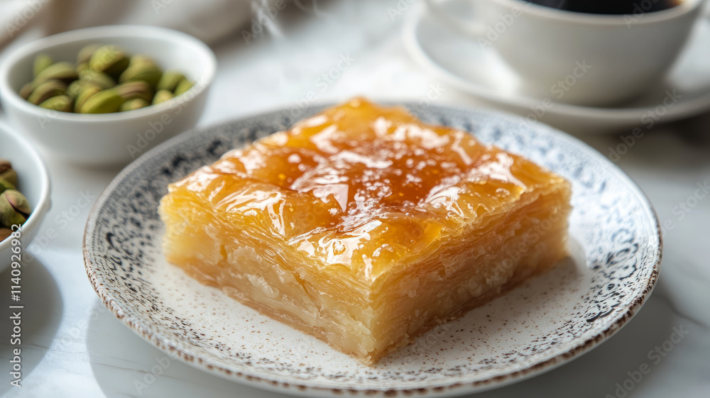 Baklava dessert on a plate with pistachios nearby. Baklava dessert on a plate with pistachios nearby.