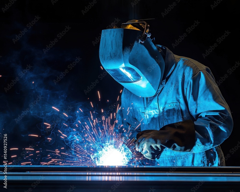 A male welder in a protective mask working on metal, creating bright sparks in a dark workshop setting. A male welder in a protective mask working on metal, creating bright sparks in a dark workshop setting.