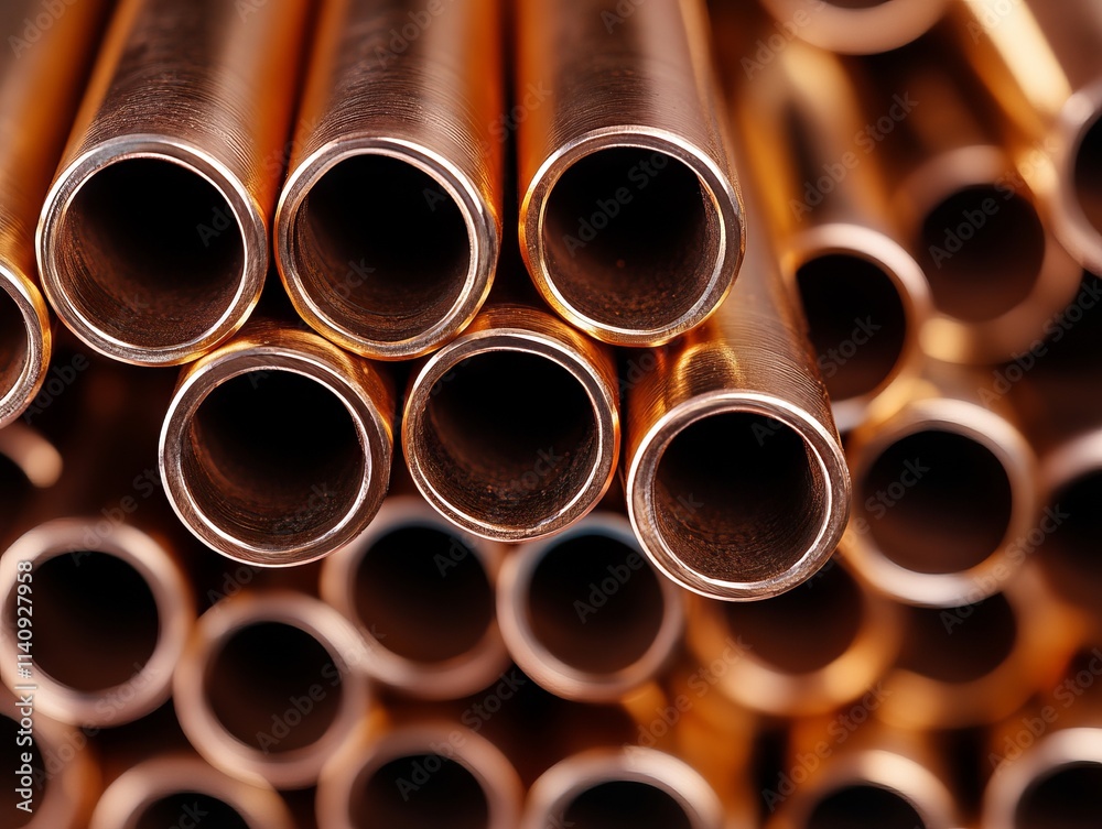 A pile of copper pipes stacked on top of each other A pile of copper pipes stacked on top of each other