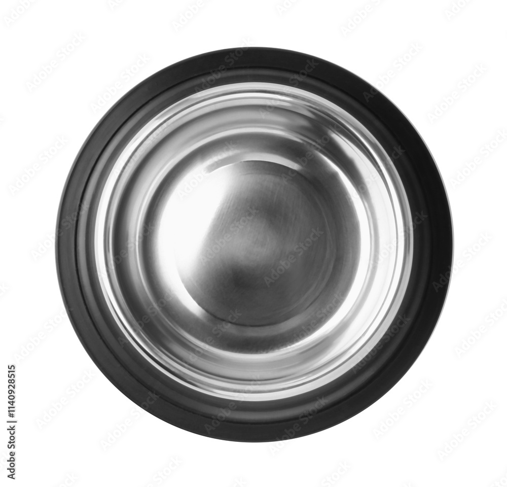 Empty feeding bowl for pet food isolated on white, top view Empty feeding bowl for pet food isolated on white, top view