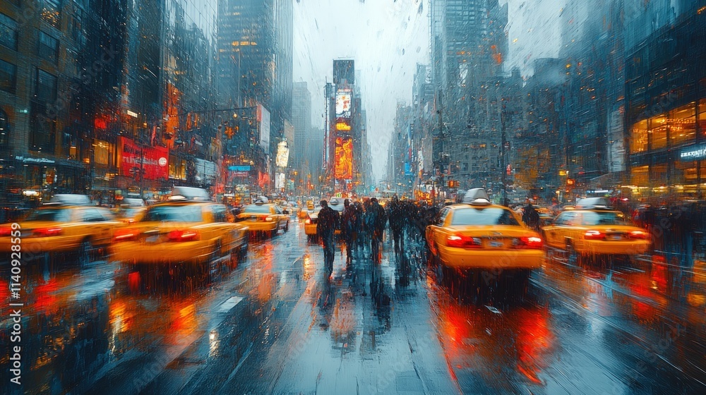 Obraz premium Rainy city street, blurred taxis, urban scene.