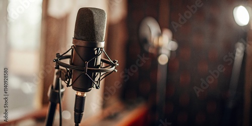 Microphone in a studio, theme of voice record and podcast.  photo