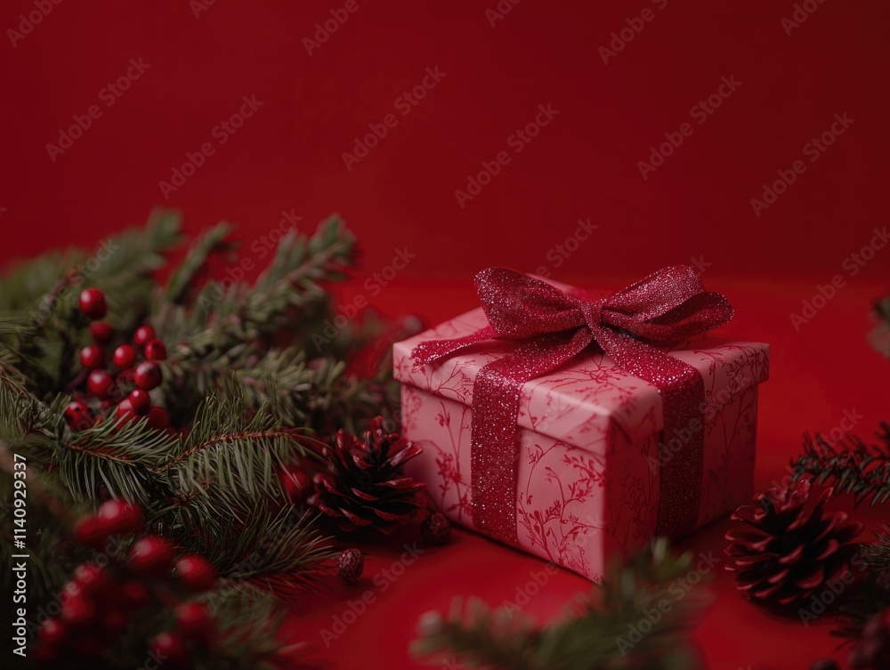 Gift Box with Red Ribbon Against Festive Backdrop Gift Box with Red Ribbon Against Festive Backdrop