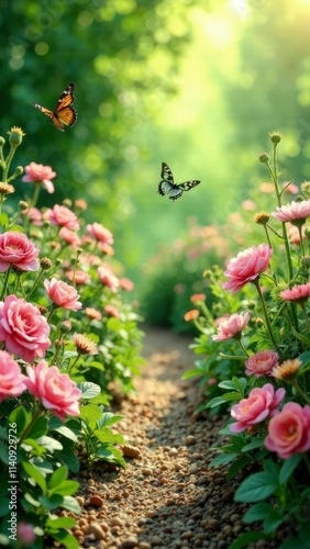 Romantic flower garden path with soft green tones and butterflies