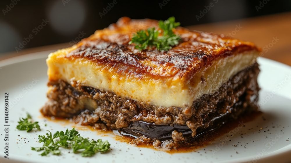 Slice of moussaka on a plate with garnish Slice of moussaka on a plate with garnish