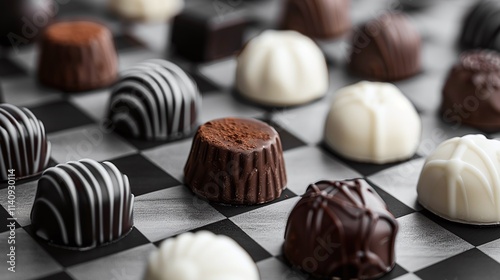 Assorted chocolate confections on checkered surface, gourmet food photography, creative candy arrangement, dark and white chocolates, perfect for branding or menus

 photo