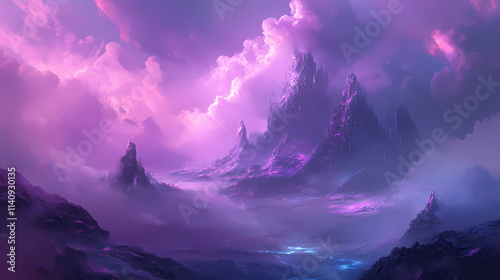 Dreamy abstract fantasy landscape ethereal purple cumulus clouds aesthetic digital illustration. Dreamy. Illustration photo