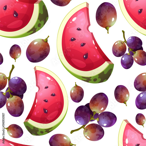 Seamless vector pattern of fruits. Watermelon with grape