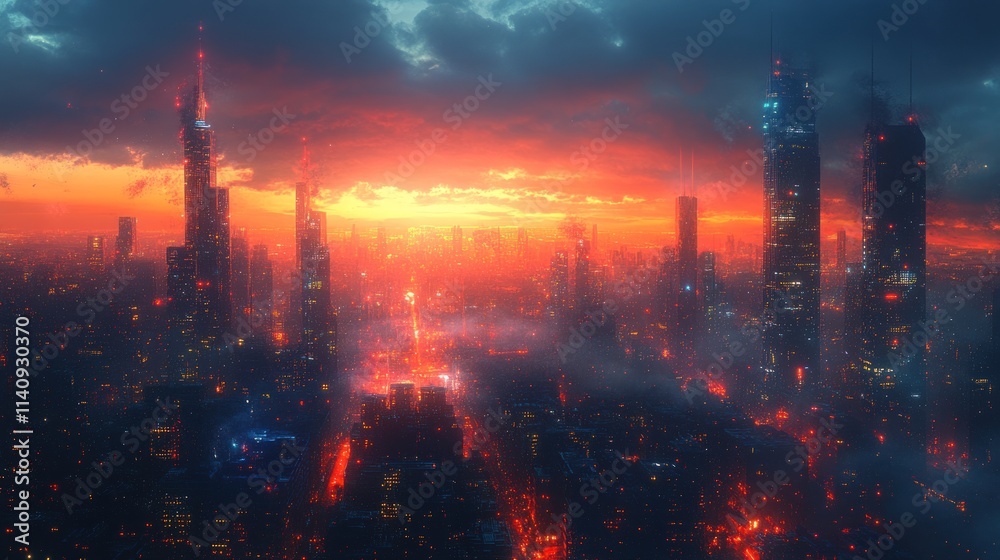 Obraz premium Futuristic cityscape sunset, fiery sky, glowing towers.