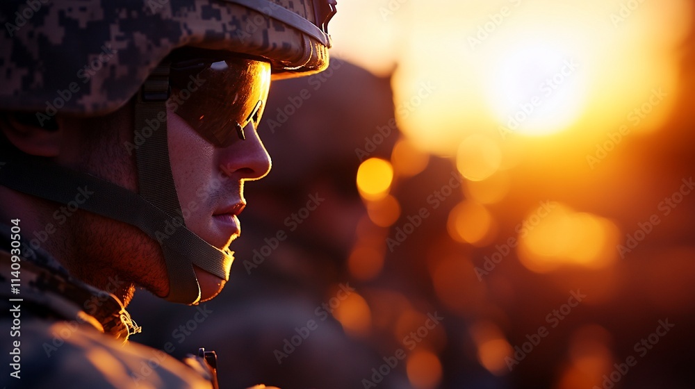 Soldier's profile at sunset, serious expression, camouflage helmet and goggles. Soldier's profile at sunset, serious expression, camouflage helmet and goggles.