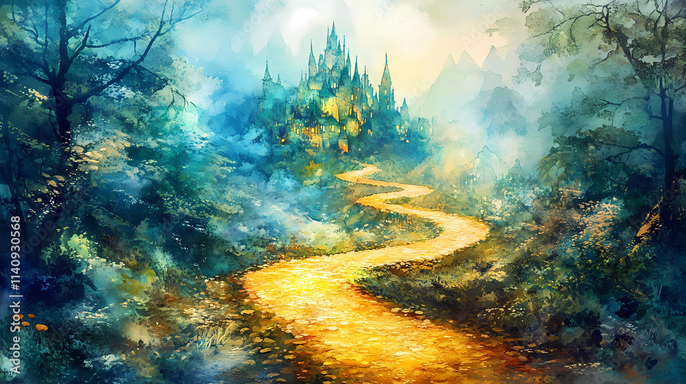 Enchanted golden pathway winding through a lush forest leading to a shimmering emerald city on the horizon painted in dreamy watercolors. Dreamy. Illustration Enchanted golden pathway winding through a lush forest leading to a shimmering emerald city on the horizon painted in dreamy watercolors. Dreamy. Illustration