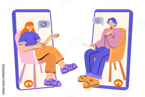 Online Psychological Counseling Session Illustration with Two Characters  man and woman on Video Call