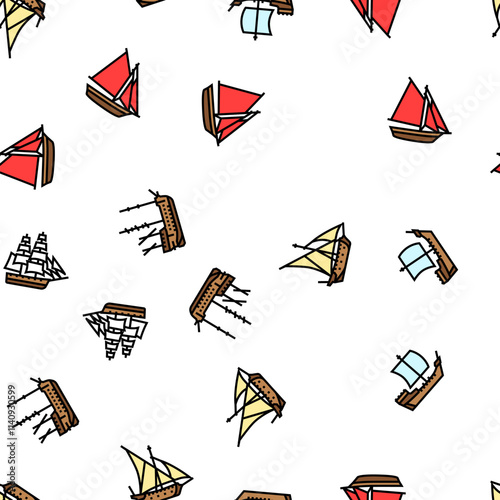 ancient ship maritime vessel vector seamless pattern thin line illustration