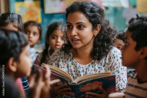 Teacher Gesturing with Book as Kids Listen Intently