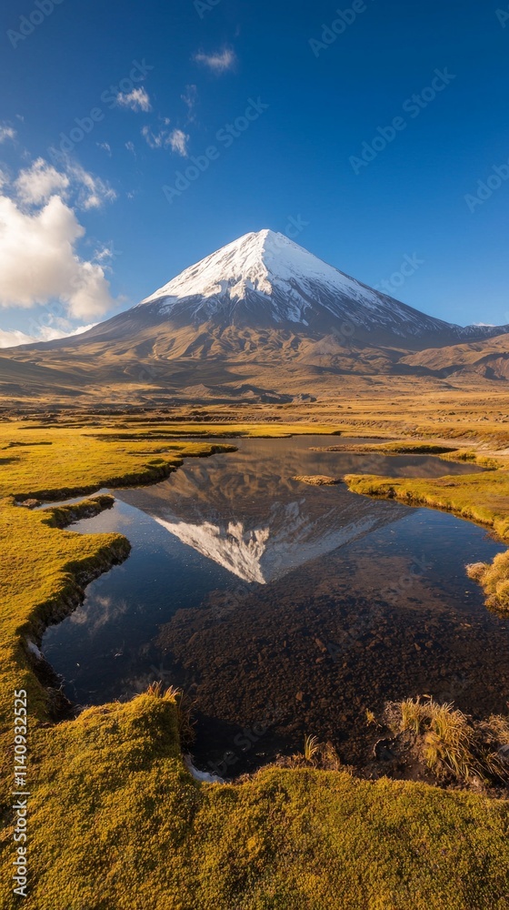 Fototapeta premium Scenic view of a snow-capped mountain reflected in a tranquil pond.
