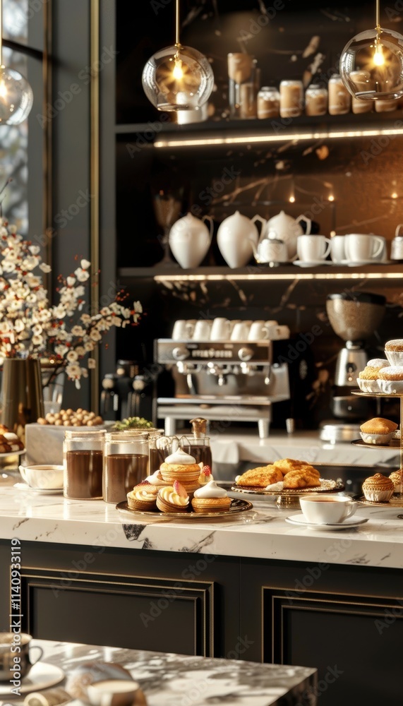 Chic Coffee Shop Display with Mocha Mousse, Fresh Pastries, and Golden Accents for Promotional Campaign Chic Coffee Shop Display with Mocha Mousse, Fresh Pastries, and Golden Accents for Promotional Campaign