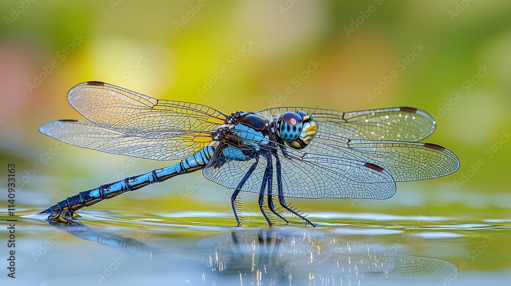 A blue dragonfly sitting on top of a body of water A blue dragonfly sitting on top of a body of water